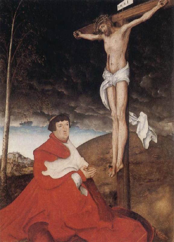 Hans holbein the younger Cardinal Albrecht of Branden-burg before the Crucifiel Christ oil painting picture